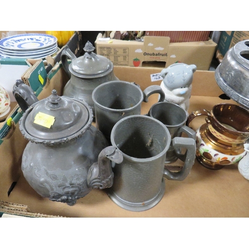 143 - Two trays of ceramics and metalware to include a Coalport Caughley Mask-Head set of three 
graduated... 