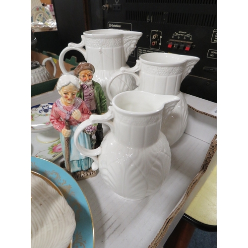 143 - Two trays of ceramics and metalware to include a Coalport Caughley Mask-Head set of three 
graduated... 