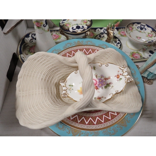 143 - Two trays of ceramics and metalware to include a Coalport Caughley Mask-Head set of three 
graduated... 