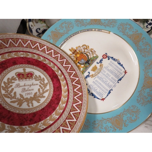 143 - Two trays of ceramics and metalware to include a Coalport Caughley Mask-Head set of three 
graduated... 