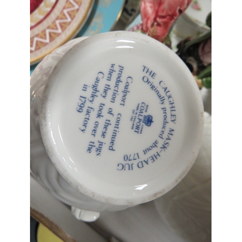 143 - Two trays of ceramics and metalware to include a Coalport Caughley Mask-Head set of three 
graduated... 