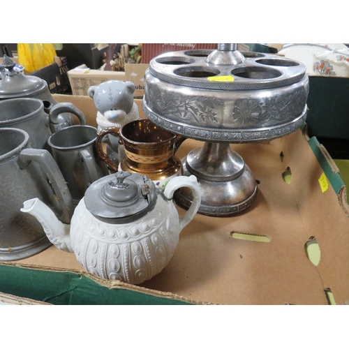 143 - Two trays of ceramics and metalware to include a Coalport Caughley Mask-Head set of three 
graduated... 