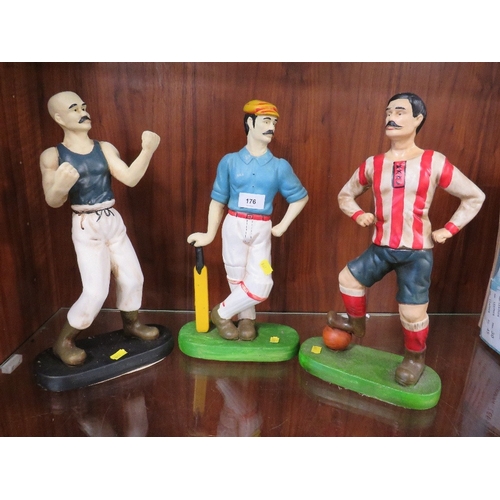 176 - Three ceramic characture figures of antique sportsman to include footballer, cricketer, and a boxer
