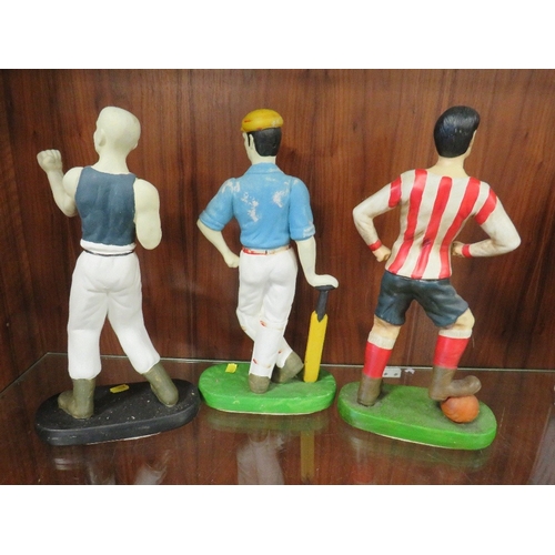 176 - Three ceramic characture figures of antique sportsman to include footballer, cricketer, and a boxer