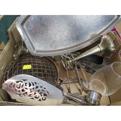 132 - Two small trays of assorted metal ware to include silver plated ware, boot lace, jam pam etc