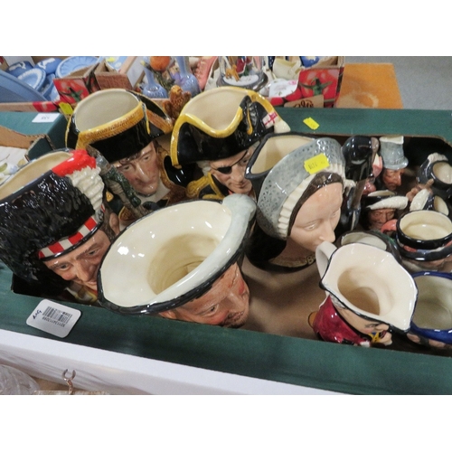 134 - A tray of assorted character jugs to include Royal Doulton The Piper