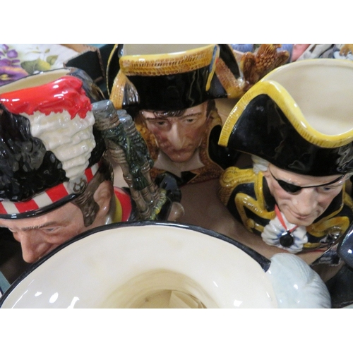 134 - A tray of assorted character jugs to include Royal Doulton The Piper