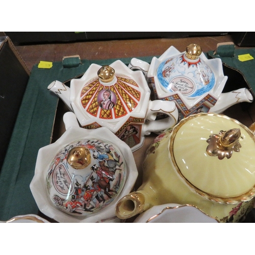 140 - Three trays of assorted ceramics to include include collatable Sadler teapots, Royal Worcester etc t... 
