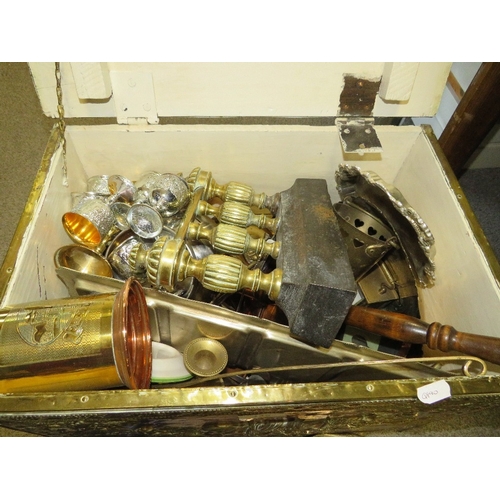 145 - A copper covered coal bucket and contents, silver plated ware etc