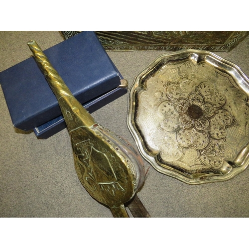 145 - A copper covered coal bucket and contents, silver plated ware etc