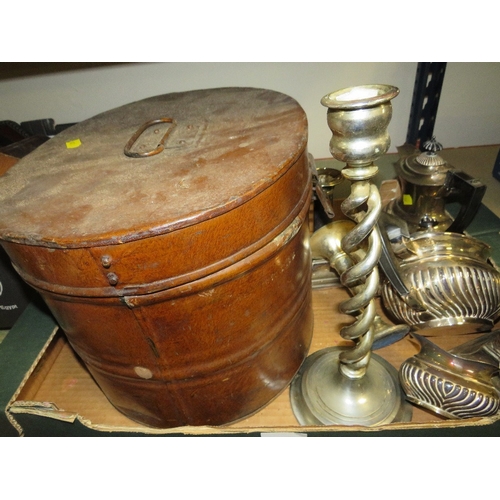 160 - A tray of collectables to include silver plated ware and a tin hat box containing vintage first aid ... 