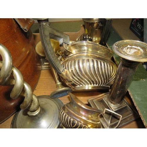 160 - A tray of collectables to include silver plated ware and a tin hat box containing vintage first aid ... 