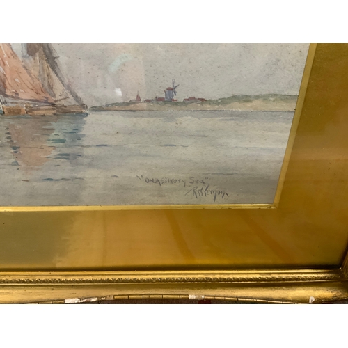 27 - R Warren Vernon - Dutch boats on the sea watercolour 22 x 53 cm