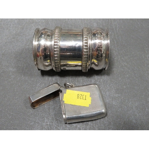 304 - A hallmarked silver vesta case together with three hallmarked silver napkin rings