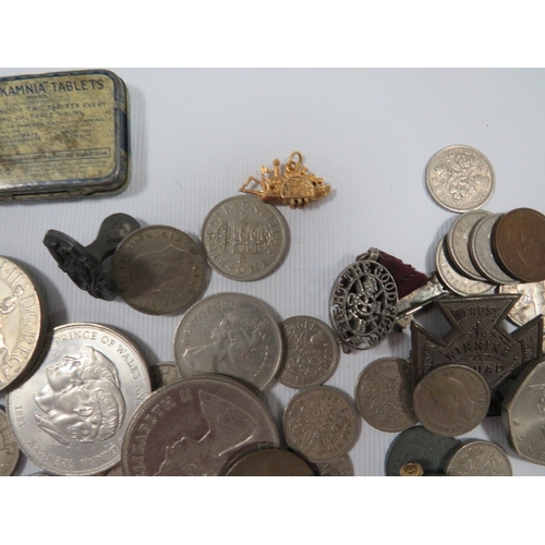 421 - A selection of coins and collectables to include silver badges etc.