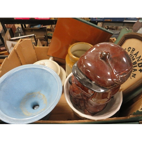 451 - Four trays of ceramics and collectables to include a tray of clocks