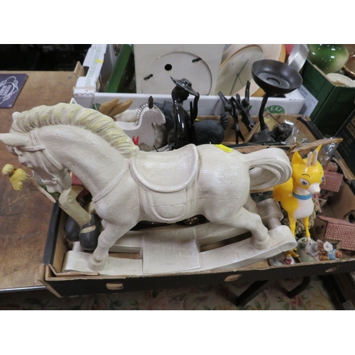 451 - Four trays of ceramics and collectables to include a tray of clocks