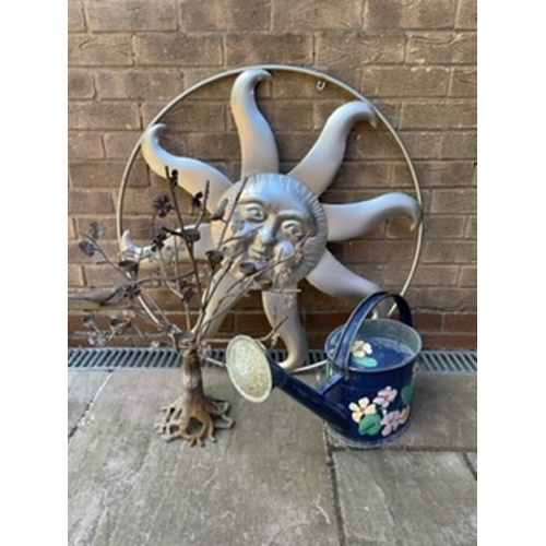 653 - A vintage painted galvanised watering can, together with a cast metal candle tree with bird figures ... 