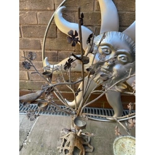 653 - A vintage painted galvanised watering can, together with a cast metal candle tree with bird figures ... 