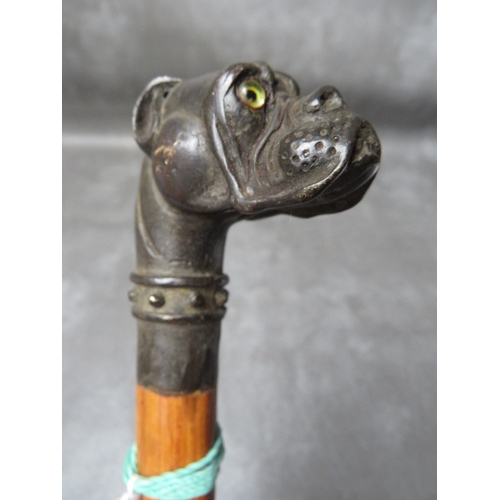A WALKING STICK MOUNTED WITH BRASS HANDLE IN THE SHAPE OF A PUGS HEAD, L 92 cm