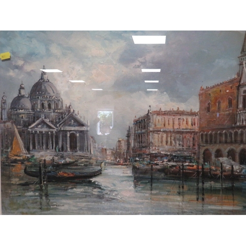 A pair of oils on board depicting Venetian scenes with gondolas, one initialled lower left, one indistinctly signed lower right, 48 x 68 cm