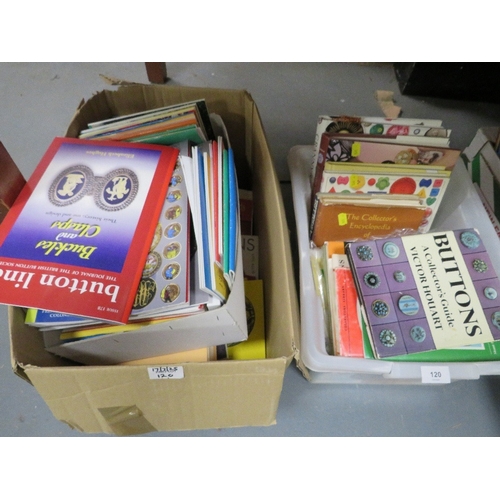 Three trays of button books, magazines and catalogues