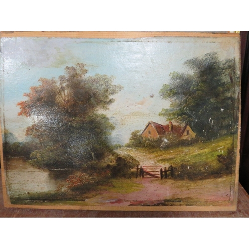 14 - A matched pair of oils on panel, one depicting a rural scene and the other a cottage, both 25 cm x 3... 