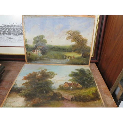 14 - A matched pair of oils on panel, one depicting a rural scene and the other a cottage, both 25 cm x 3... 