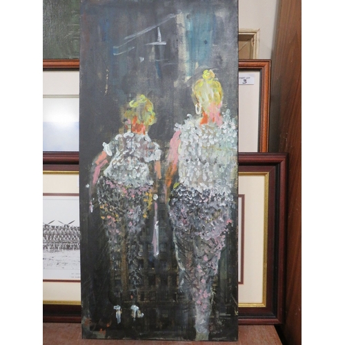 15 - Frederick John England, 'Girls On The Town, Leek', oil on canvas, 66 cm x 30 cm