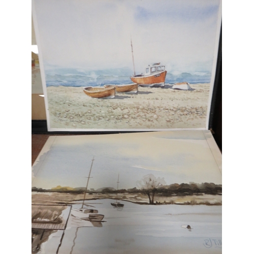 18 - A framed and glazed river scene with sailing vessels together with two watercolours of boats (3)
