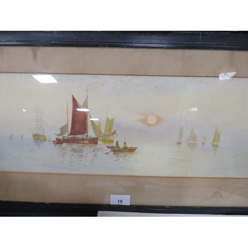 18 - A framed and glazed river scene with sailing vessels together with two watercolours of boats (3)