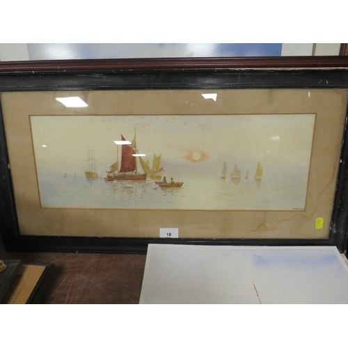 18 - A framed and glazed river scene with sailing vessels together with two watercolours of boats (3)