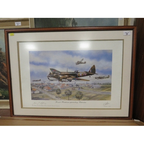 3 - Four assorted pictures to include a signed ‘Bristol Blenheim approaching Rotterdam’ and a photograph... 