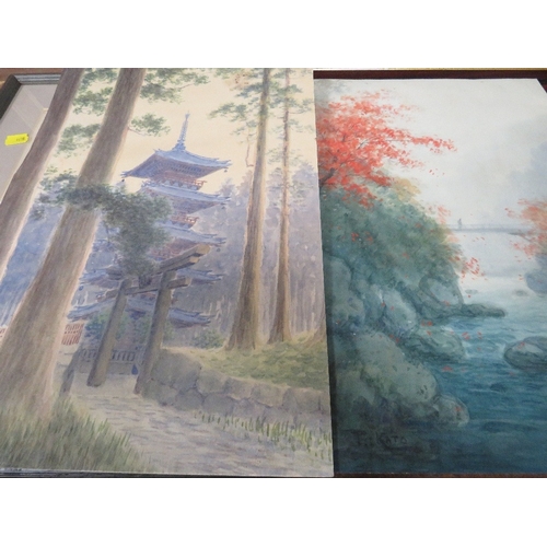 8 - An unframed Oriental watercolour of a pagoda together with a an Oriental river scene, both signed lo... 