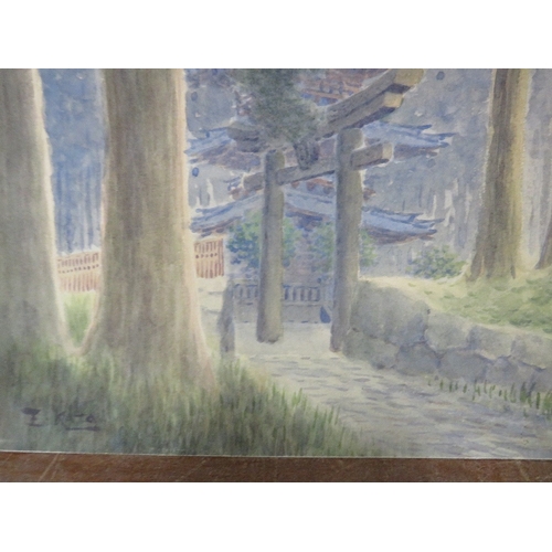 8 - An unframed Oriental watercolour of a pagoda together with a an Oriental river scene, both signed lo... 