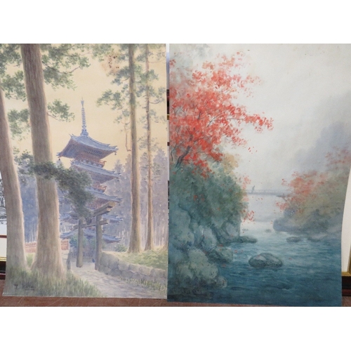 8 - An unframed Oriental watercolour of a pagoda together with a an Oriental river scene, both signed lo... 