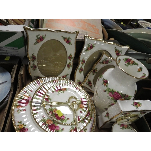 85 - A tray of Royal Albert Old Country Roses to include photo frames and a clock