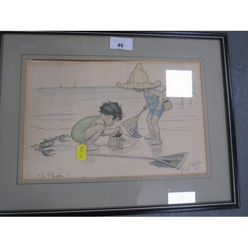 46 - A selection of pictures and maps to include a vintage print of two children fishing on the beach etc... 