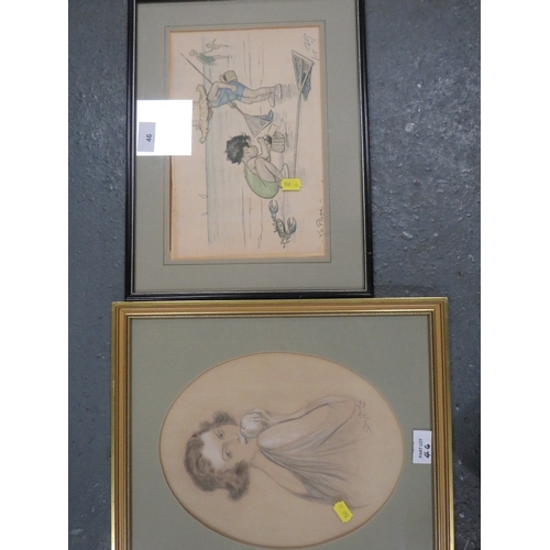 46 - A selection of pictures and maps to include a vintage print of two children fishing on the beach etc... 