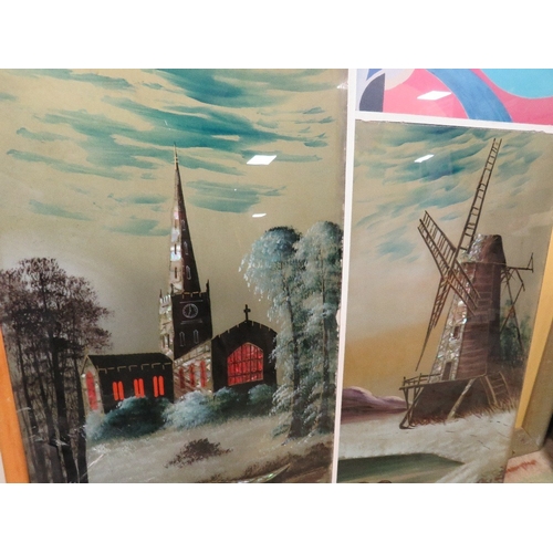 37 - J Edwards, an oil on board of a landscape, 61 x 122 cm, together with two paintings on glass of a wi... 