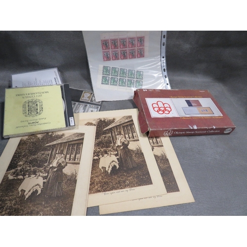 A box of stamps, postcards, teacards, cigarette cards, ephemera etc