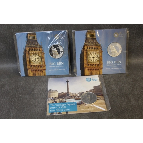 ROYAL MINT SILVER 100 POUND COINS, 2015 x 2 and 2016, in original packs (3)