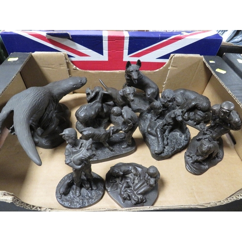 A tray of assorted bronze effect figurines