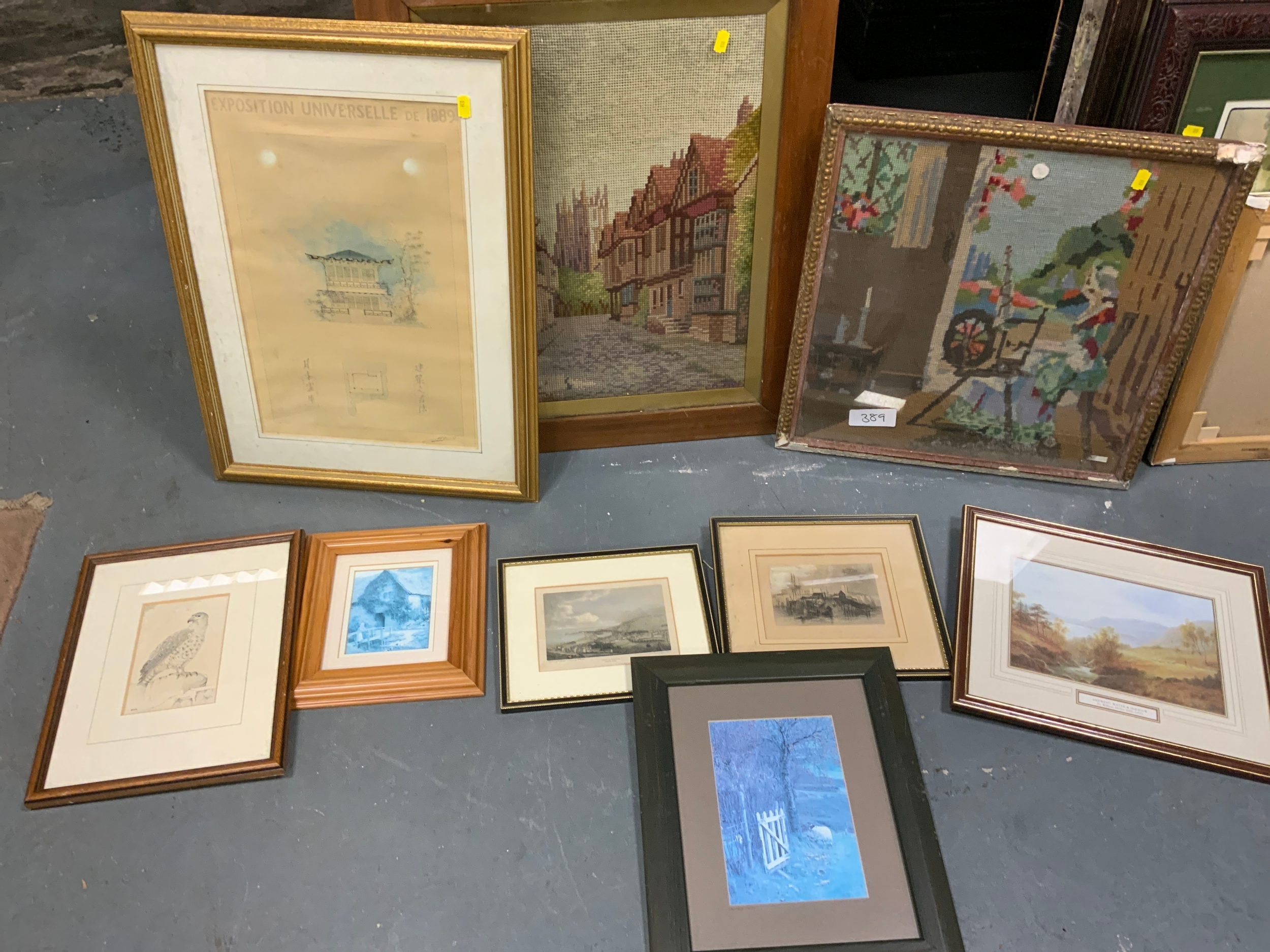 A collection of assorted pictures and prints to include tapestry ...