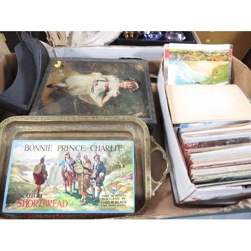 84 - A tray of assorted collectables to include a shoebox of postcards etc