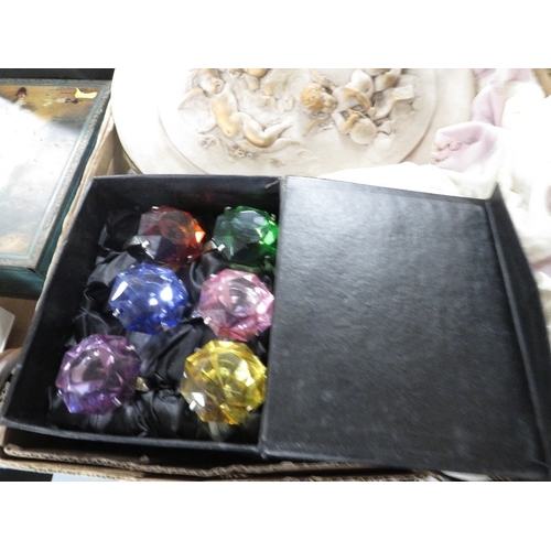 84 - A tray of assorted collectables to include a shoebox of postcards etc