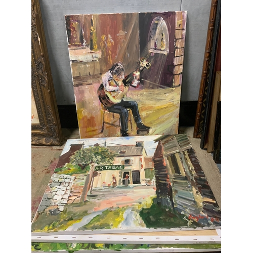 33 - Frederick J England, four unframed oil on canvases, depicting continental French scenes and a musici... 