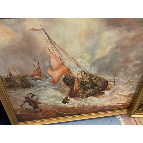 37 - Three large oil paintings to include a seascape. (3)