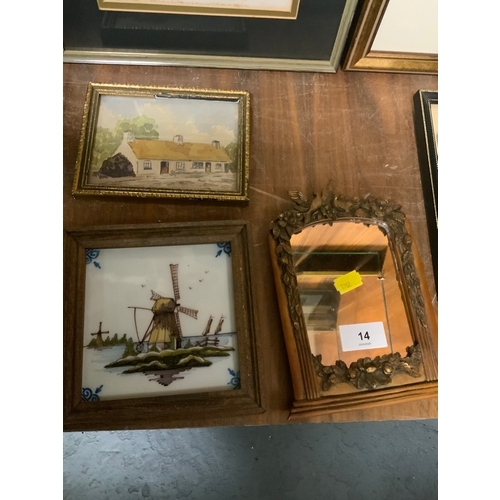 14 - A collection of assorted prints and engraving to include a decorative small mirror, a porcelain Dutc... 