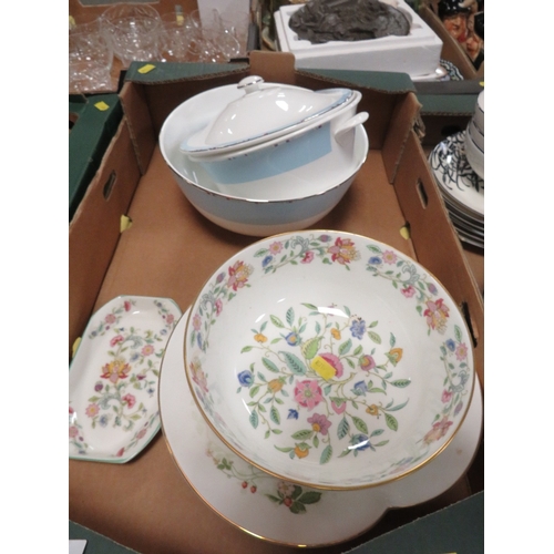 114 - Two trays of assorted ceramics to include a Minton bowl together with a tray of glassware (3)